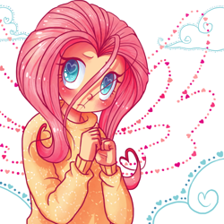 Size: 800x800 | Tagged: safe, artist:voodoodollmaster, fluttershy, blushing, clothes, humanized, solo, sweater, sweatershy, wingding eyes