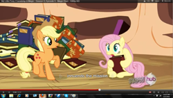 Size: 1366x768 | Tagged: safe, screencap, applejack, fluttershy, earth pony, pegasus, pony, magic duel, youtube caption