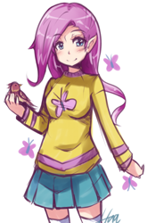 Size: 694x1050 | Tagged: safe, artist:hua, fluttershy, bird, clothes, elf ears, humanized, pixiv, skirt, solo