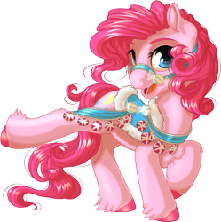 Size: 1021x1024 | Tagged: safe, artist:kittehkatbar, pinkie pie, earth pony, pony, bridle, colored hooves, cute, female, harness, hoof popping, leg fluff, looking at you, mare, open mouth, raised hoof, saddle, sexy saddle, simple background, solo, transparent background, unshorn fetlocks