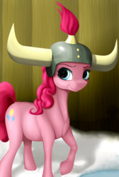 Size: 1520x2265 | Tagged: safe, artist:samum41, derpibooru import, applejack, fluttershy, pinkie pie, rainbow dash, earth pony, pegasus, pony, not asking for trouble, eye reflection, female, helmet, honorary yak horns, horned helmet, hot air balloon, mare, realistic anatomy, reflection, smiling, snow, solo, viking helmet