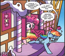 Size: 400x348 | Tagged: safe, artist:agnesgarbowska, derpibooru import, idw, pinkie pie, rainbow dash, earth pony, pegasus, pony, secrets and pies, spoiler:comic, spoiler:comic59, cupcake, door, food, for kids, implied lesbian, implied shipping, out of context, pie, preview, running, sugarcube corner