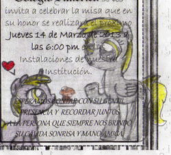 Size: 613x554 | Tagged: safe, artist:acuario1602, derpy hooves, dinky hooves, heart, muffin, spanish, text, traditional art