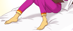 Size: 649x283 | Tagged: safe, artist:ta-na, edit, sunset shimmer, barefoot, bed, clothes, cropped, feet, pajamas, solo