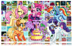 Size: 1252x780 | Tagged: safe, artist:lucy-tan, screencap, apple bloom, applejack, cheerilee, cheese sandwich, diamond tiara, fluttershy, pinkie pie, princess celestia, rainbow dash, rarity, scootaloo, snails, snips, spike, sunset shimmer, sweetie belle, twilight sparkle, twilight sparkle (alicorn), twist, alicorn, pony, equestria girls, friendship is magic, the crystal empire, the return of harmony, the ticket master, anniversary, cake, cute, cutie mark crusaders, female, happy, happy birthday mlp:fim, hat, mane seven, mane six, mare, mlp fim's fifth anniversary, party hat