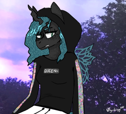 Size: 1090x986 | Tagged: safe, artist:itzdatag0ndray, queen chrysalis, anthro, changeling, changeling queen, alternate hairstyle, angry, clothes, freckles, hoodie