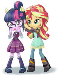 Size: 640x830 | Tagged: safe, artist:ta-na, sci-twi, sunset shimmer, twilight sparkle, equestria girls, friendship games, blushing, boots, chibi, clothes, crystal prep academy, crystal prep academy uniform, crystal prep shadowbolts, cute, daaaaaaaaaaaw, duo, female, glasses, hnnng, leather jacket, mini, open mouth, pleated skirt, pony ears, school uniform, shimmerbetes, simple background, skirt, twiabetes, white background
