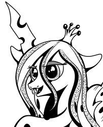 Size: 2432x3000 | Tagged: source needed, safe, artist:rainbowtashie, queen chrysalis, changeling, changeling queen, female, monochrome, simple background, solo, white background