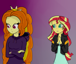 Size: 1213x1019 | Tagged: safe, artist:mit-boy, adagio dazzle, sunset shimmer, equestria girls, clothes, crossed arms, crying, duo, hands together, hoodie, leather jacket, long hair