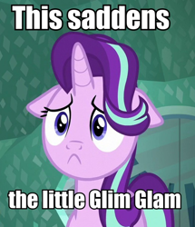 Size: 516x599 | Tagged: safe, edit, edited screencap, screencap, starlight glimmer, pony, unicorn, the crystalling, :<, cropped, cute, faic, female, floppy ears, frown, glim glam, glimmerbetes, image macro, mare, meme, reaction image, sad, sadface glimmer, sadlight glimmer, solo, text, this saddens