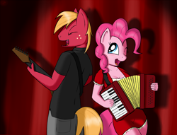 Size: 1280x977 | Tagged: safe, artist:devs-iratvs, big macintosh, pinkie pie, anthro, accordion, guitar, musical instrument