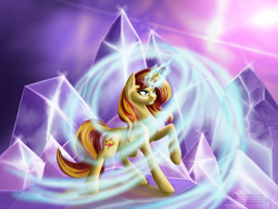 Size: 1600x1200 | Tagged: safe, artist:adalbertus, sunset shimmer, pony, unicorn, crystal, magic, raised hoof, solo