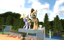 Size: 1680x1050 | Tagged: safe, artist:rillakim, derpy hooves, dinky hooves, doctor whooves, pegasus, pony, 3d, diving board, female, forest, gmod, gmod tower, mare, swimming pool