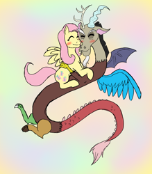 Size: 700x800 | Tagged: safe, artist:french-english-lady, discord, fluttershy, pegasus, pony, discoshy, female, hug, male, shipping, straight