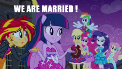 Size: 500x281 | Tagged: safe, applejack, fluttershy, pinkie pie, rainbow dash, rarity, sunset shimmer, twilight sparkle, equestria girls, female, image macro, lesbian, mane six, meme, ponied up, seems legit, shipping, sunsad shimmer, sunsetsparkle, text