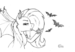 Size: 1800x1262 | Tagged: safe, artist:crimson, derpibooru import, fluttershy, bat, bat pony, pony, apple, flutterbat, food, long tongue, monochrome, race swap, sketch, solo, tongue out, traditional art