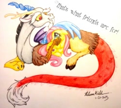 Size: 793x705 | Tagged: safe, artist:babel-the-butt, discord, fluttershy, pegasus, pony, crying, traditional art