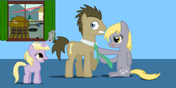 Size: 1200x600 | Tagged: safe, artist:rebron-y, derpy hooves, dinky hooves, doctor whooves, oc, pegasus, pony, crayon, dalek, doctor who, female, magic, mare, necktie, tardis, window