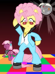 Size: 1759x2388 | Tagged: safe, artist:grandpalove, cheerilee, discord, fluttershy, pegasus, pony, 70s, 80s, 80s cheerilee, :o, afro, bipedal, clothes, dancing, disco, discoshy, eyes closed, fashion, female, male, open mouth, pun, shipping, smiling, straight, sunglasses, wide eyes