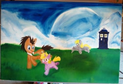 Size: 3407x2345 | Tagged: safe, artist:tails232323, derpy hooves, dinky hooves, doctor whooves, pegasus, pony, doctor who, female, mare, painting, running, tardis, traditional art