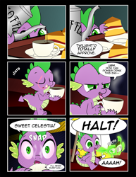Size: 1275x1650 | Tagged: safe, artist:dsana, derpibooru import, spike, dragon, pony, comic:to look after, bloodshot eyes, cake, coffee, comic, food, green fire, long tongue, royal guard, tongue out