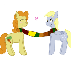 Size: 417x333 | Tagged: safe, artist:headdesk-art, carrot top, derpy hooves, golden harvest, pegasus, pony, clothes, derpytop, female, heart, lesbian, mare, scarf, shared clothing, shared scarf, shipping, simple background, white background