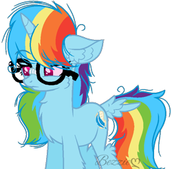 Size: 690x678 | Tagged: safe, artist:bezziie, derpibooru import, rainbow dash, pony, unicorn, alternate cutie mark, alternate universe, chest fluff, fluffy, glasses, messy mane, race swap, simple background, solo, tail feathers, transparent background