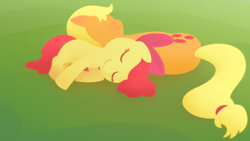 Size: 1920x1080 | Tagged: safe, artist:gingermint, artist:icekatze, apple bloom, applejack, earth pony, pony, blank flank, cutie mark, female, filly, foal, hooves, lineless, lying down, mare, nap, sleeping, wallpaper