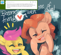 Size: 1040x954 | Tagged: dead source, safe, artist:dhui, pinkie pie, scootaloo, earth pony, pony, tired pie