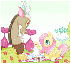 Size: 900x810 | Tagged: safe, artist:ipun, discord, fluttershy, pegasus, pony, cake, discoshy, female, heart eyes, male, picnic, shipping, straight, tea