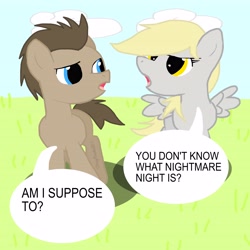Size: 4724x4724 | Tagged: safe, artist:crazypizzafan927, derpy hooves, doctor whooves, pegasus, pony, absurd resolution, female, mare, nightmare night, speech bubble