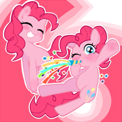 Size: 595x595 | Tagged: safe, artist:aruurara, artist:momo, pinkie pie, earth pony, pony, 6, blushing, cute, diapinkes, eyes closed, grin, hoof hold, looking at you, party horn, self ponidox, smiling, waving, wink