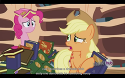 Size: 1024x640 | Tagged: safe, screencap, applejack, pinkie pie, earth pony, pony, magic duel, no mouth, youtube caption