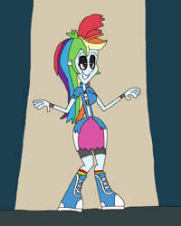 Size: 1417x1773 | Tagged: safe, artist:hunterxcolleen, derpibooru import, rainbow dash, zombie, equestria girls, black eye, clothes, dancing, eyeshadow, makeup, michael jackson, parody, spotlight, thriller, torn clothes