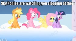 Size: 636x348 | Tagged: safe, derpibooru import, edit, edited screencap, screencap, applejack, fluttershy, pinkie pie, twilight sparkle, earth pony, pegasus, pony, unicorn, caption, clopping, frown, image macro, implied masturbation, open mouth, shocked, sitting, sky, spread wings, spying, watching, wide eyes, wingboner