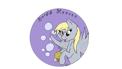 Size: 3072x1728 | Tagged: safe, artist:ask-tilly1152010, derpy hooves, pegasus, pony, bubble, button, female, mare, muffin, solo, tongue out