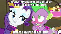 Size: 631x351 | Tagged: safe, edit, edited screencap, screencap, rarity, spike, dragon, pony, unicorn, dragon quest, apron, blushing, caption, clothes, female, hub logo, image macro, male, mare, meme, rarity's bad pickup lines, shipping, sparity, straight