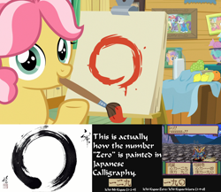 Size: 1920x1668 | Tagged: safe, artist:arima, derpibooru import, edit, edited screencap, screencap, babs seed, kettle corn, rainbow dash, rarity, tender taps, earth pony, pegasus, pony, unicorn, marks and recreation, 0, analysis, apple, bottle, calligraphy, candy, circle, circle painting, colt, educational, female, filly, foal, food, grapes, gundam, japan, japanese, lemon, looking at you, looking back, male, milk, milk bottle, mouth hold, orange, paint, paintbrush, painting, pictures, sd gundam, smiling, solo, super nintendo, super robot wars, video game, zero, zeta gundam