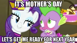 Size: 631x351 | Tagged: safe, edit, edited screencap, screencap, rarity, spike, dragon, pony, unicorn, dragon quest, apron, blushing, caption, clothes, female, hub logo, image macro, implied sex, innuendo, male, mare, meme, mother's day, rarity's bad pickup lines, shipping, sparity, straight