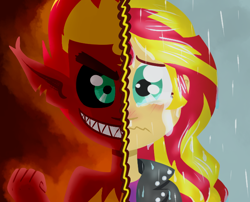 Size: 680x550 | Tagged: safe, artist:alittleofsomething, sunset satan, sunset shimmer, equestria girls, crying, duality, fanfic, fanfic art, fanfic cover, sad, sunsad shimmer, wet, wet hair