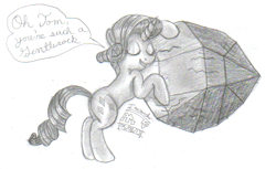 Size: 537x329 | Tagged: safe, artist:inurantchan, rarity, tom, pony, unicorn, cargo ship, raritom, rockcon, shipping, speech bubble, traditional art