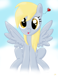 Size: 1400x1850 | Tagged: safe, artist:thecrimsoncanvas, derpy hooves, pegasus, pony, cloud, cloudy, cute, female, mare, sitting, solo, tongue out