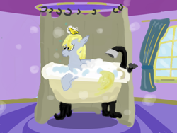 Size: 800x600 | Tagged: safe, artist:cobralash, derpy hooves, duck, pegasus, pony, bath, bathing, bubble, claw foot bathtub, female, mare, rubber duck