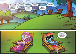 Size: 1172x826 | Tagged: safe, artist:agnesgarbowska, derpibooru import, idw, pinkie pie, rainbow dash, earth pony, pegasus, pony, secrets and pies, spoiler:comic, spoiler:comic59, chillaxing