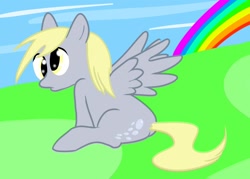 Size: 1403x1002 | Tagged: safe, artist:iquackkers, derpy hooves, pegasus, pony, female, mare, rainbow, sitting, solo