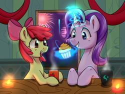 Size: 1600x1200 | Tagged: safe, artist:luka-koward, apple bloom, starlight glimmer, pony, unicorn, beverage, cup, cute, fire, fireworks, food, happy, magic, muffin, night, open mouth, stars, table, window