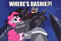 Size: 620x420 | Tagged: safe, pinkie pie, earth pony, pony, fanfic:cupcakes, abuse, bruticus, building, caption, combiner, female, gun, handgun, image macro, implied rainbow dash, mare, meme, pinkiebuse, pistol, scared, threatening, transformers, weapon