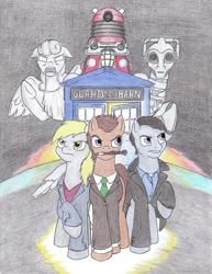 Size: 844x1092 | Tagged: safe, artist:sirartemisderpington, derpy hooves, doctor whooves, cyborg, pegasus, pony, crossover, cyberman, dalek, doctor who, female, jack harkness, mare, ponified, tardis, weeping angel