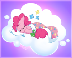 Size: 1132x912 | Tagged: safe, artist:nycket, gummy, pinkie pie, earth pony, pony, blanket, cloud, sleeping, zzz