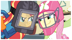 Size: 1511x840 | Tagged: safe, screencap, fluttershy, sunset shimmer, equestria girls, friendship games, helmet, outfit, smiling, smirk